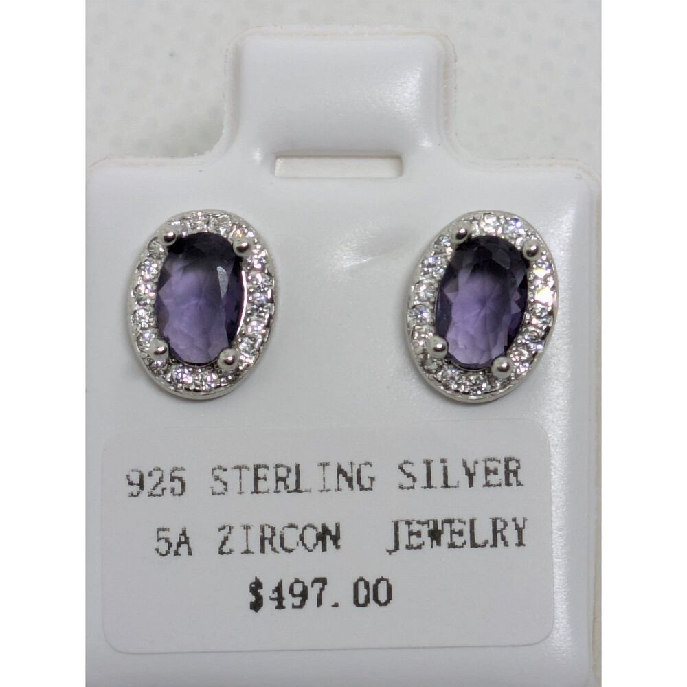 Brand New 925 Sterling Silver Purple Zircon Earrings with Moissanite Accents